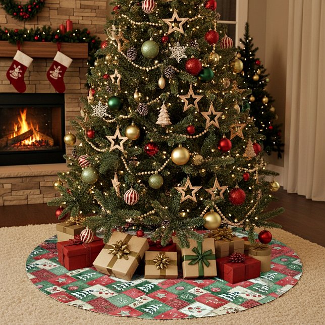 Country patchwork christmas pattern julgransmatta borstad polyester (Skapare uppladdad)