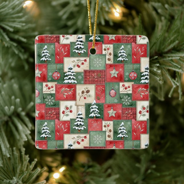 Country patchwork christmas pattern julgransprydnad keramik (Träd)