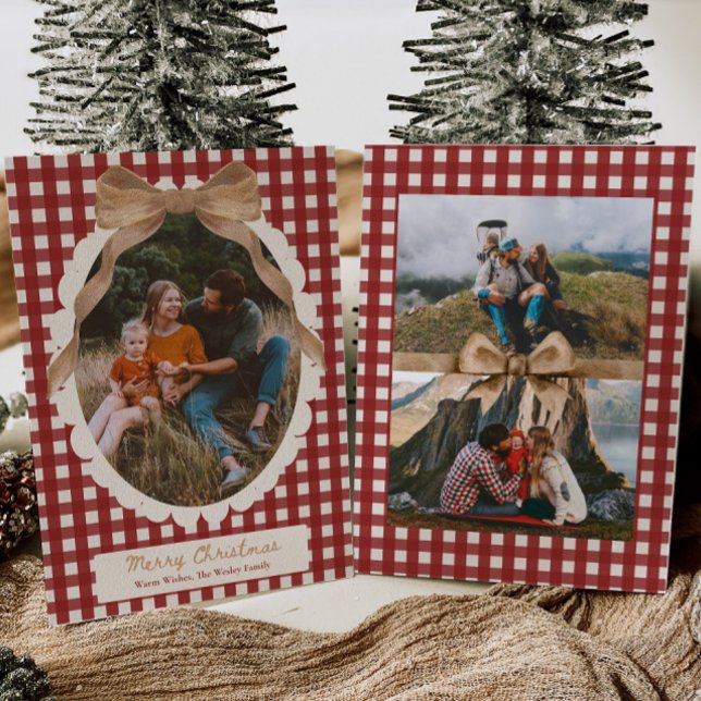 Country Red Gingham Bow Photo Christmas Card Julkort (Skapare uppladdad)