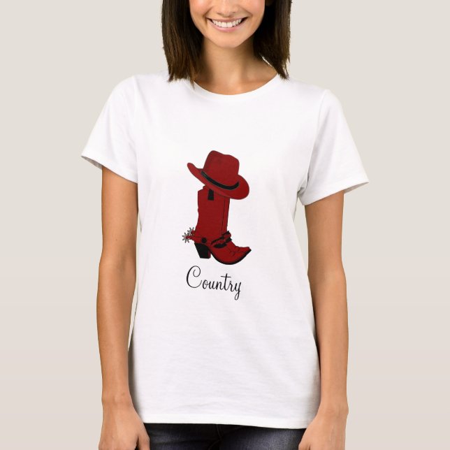 Country Röd Hatt & Stövlar T-Shirt (Framsida)