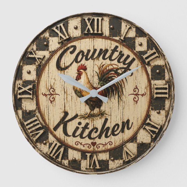 Country Rooster Rustic Farmhouse Kitchen Stor Klocka (Framsida)