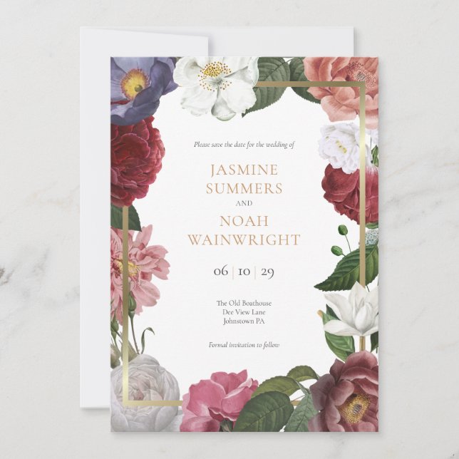 Country Rose Blommig Falsk Guld Folie Spara Datum Inbjudningar (Framsida)