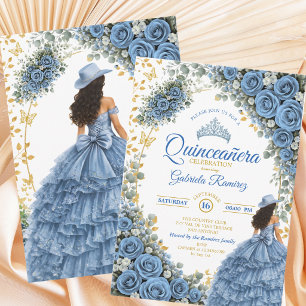 Country Western Blå Rosor Guld Quinceañera Inbjudningar