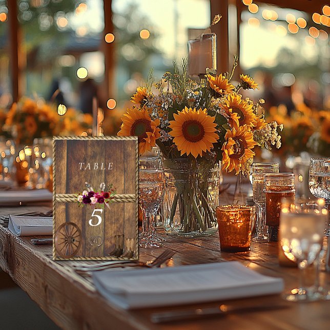 Country Western Bröllop Röda Rosa Rosor Vagn Hjul Bordsnummer (Skapare uppladdad)