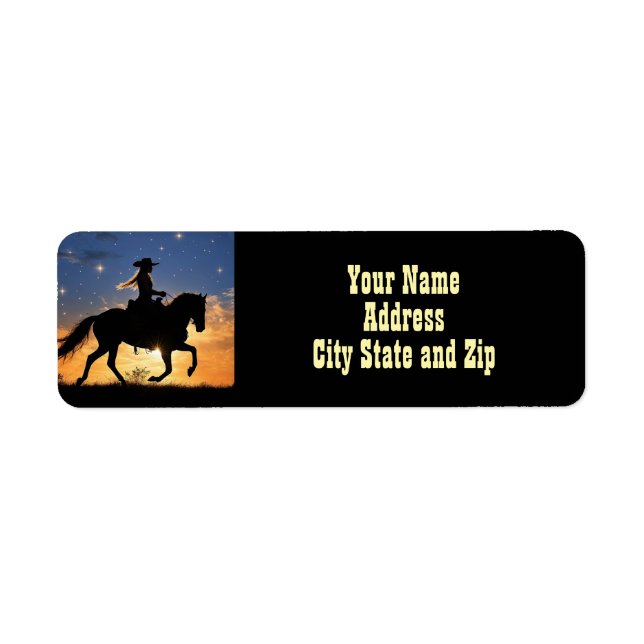 Country Western Cowgirl and Horse Label Returadress Etikett (Framsidan)