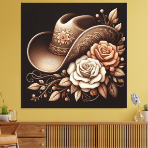 Country Western Cowgirl Hatt med Blommor Canvastryck