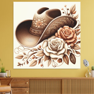 Country Western Cowgirl Hatt med Blommor Canvastryck