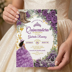 Country Western Lila Rosor Guld Quinceañera Inbjudningar