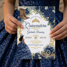 Country Western Navy Blå Rosor Guld Quinceañera