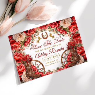 Country Western Quinceanera Röda Rosor Cowboy Stöv Spara Datumet