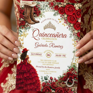 Country Western Röda Rosor Guld Quinceañera Inbjudningar