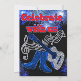 Country Westernmusik Blå Gitarr Och Cowboy Stövlar Inbjudningar