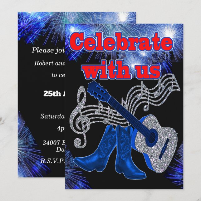 Country Westernmusik Blå Gitarr Och Cowboy Stövlar Inbjudningar (Fram/baksida)
