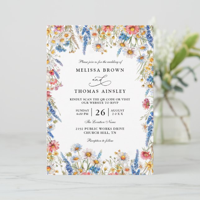 Country Wildflower Rustic Modern QR Code Wedding Inbjudningar (Stående Fram)