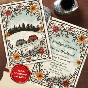 Countryside Cute Cars Boho Blommigt Bröllop Inbjudningar