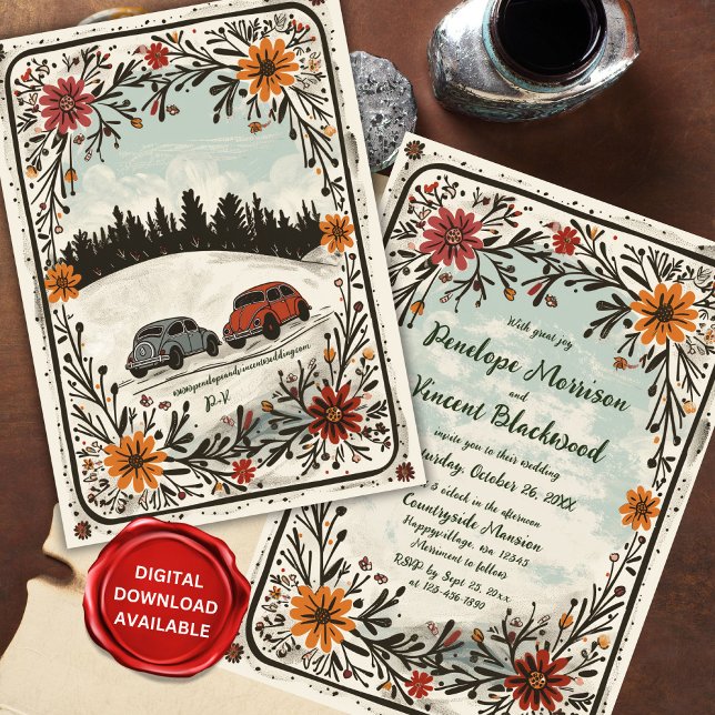 Countryside Cute Cars Boho Blommigt Bröllop Inbjudningar (Skapare uppladdad)