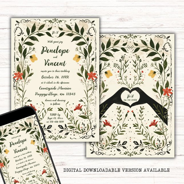 Countryside Handskriftlig Boho Blommigt Bröllop Inbjudningar (Skapare uppladdad)