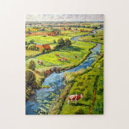 Countryside with Cows and Stream Fantasy Painting Pussel