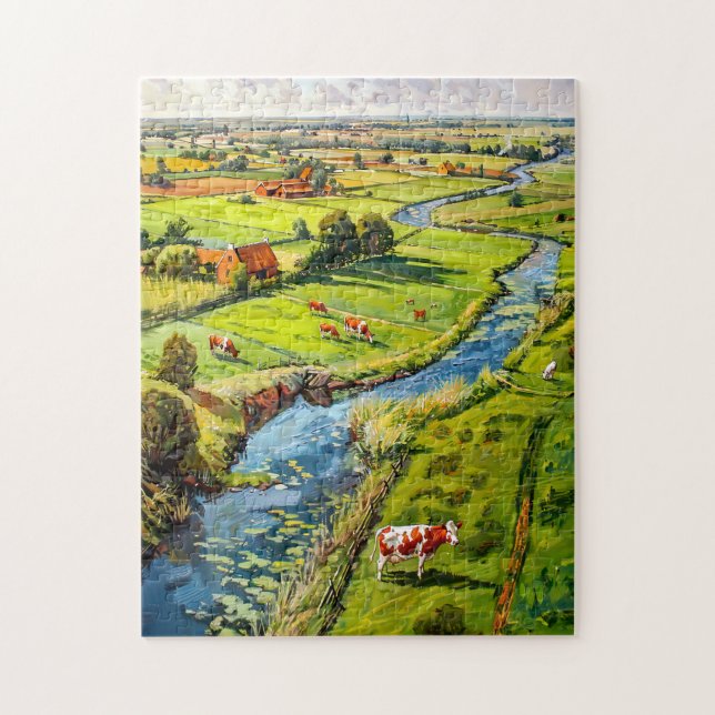 Countryside with Cows and Stream Fantasy Painting Pussel (Vertikal)