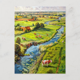 Countryside with Cows and Stream Fantasy Painting Vykort