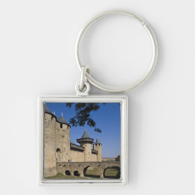 Counts Castle, Carcassonne, Aude, Languedoc Fyrkantig Silverfärgad Nyckelring (Framsidan)