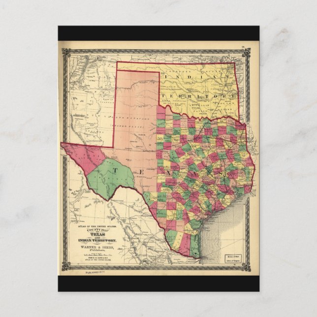 County Karta i Texas och Indian Territory (1874) Vykort (Framsida)