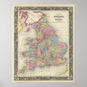 County Karta of England, and Wales Poster