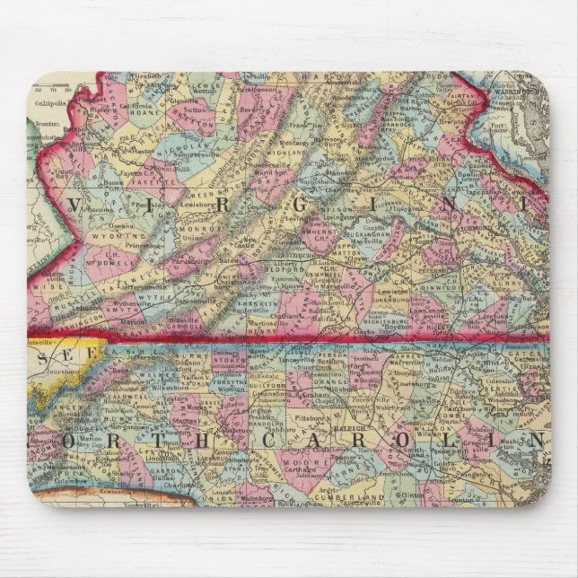 County Karta of Virginia och North Carolina Musmatta (Framsidan)