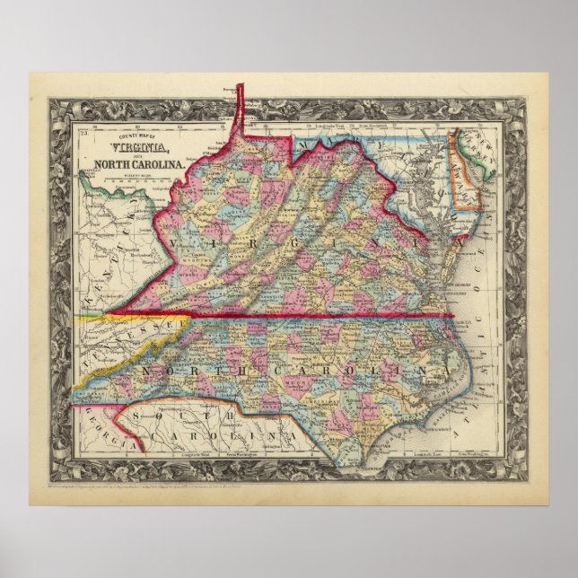 County Karta of Virginia och North Carolina Poster (Framsidan)