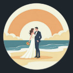Couple at Sunset Beach Wedding Sticker Runt Klistermärke<br><div class="desc">Romantic illustration of a bride and groom silhouetted against a beautiful sunset beach scene,  perfect for adding a personal touch to any item.</div>