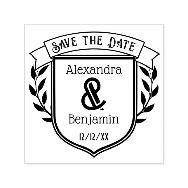 Couple Crest Ribbon Botanical Save the Date #2 Självfärgande Stämpel (Design)