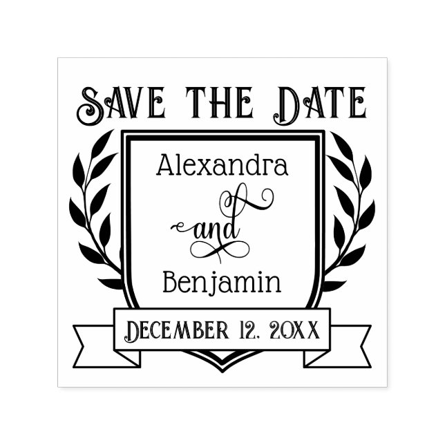 Couple Crest Ribbon Botanical Save the Date #2 Självfärgande Stämpel (Design)