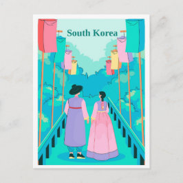 Couple in Seoul South Korea Travel Illustration Vykort