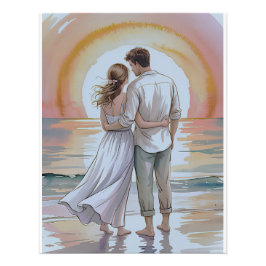Couple on the beach at sunset fototryck
