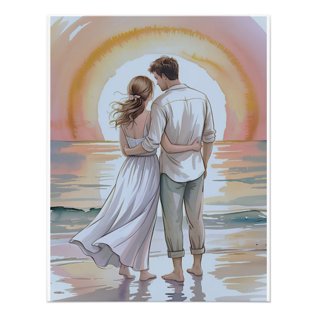 Couple on the beach at sunset fototryck (Framsidan)