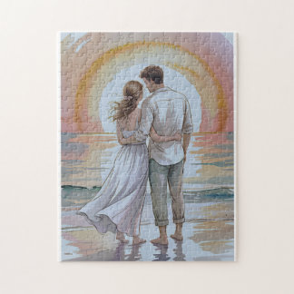 Couple on the beach at sunset puzzle pussel