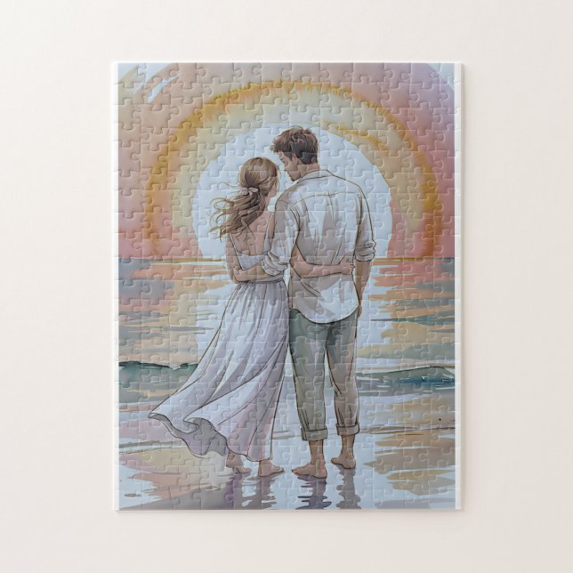 Couple on the beach at sunset puzzle pussel (Vertikal)