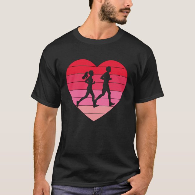 Couple Runner Retro Valentine Heart Love Trail Run T Shirt (Framsida)