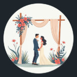 Couple Under the Arbour Wedding Sticker Runt Klistermärke<br><div class="desc">Delightful illustration of a newlywed couple under a floral arbour perfect for adding a romantic touch to any space.</div>
