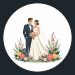 Couple Wedding Sticker Runt Klistermärke<br><div class="desc">Exquisite sticker featuring a newlywed couple surrounded by vibrant flowers,  perfect for celebrating your love.</div>