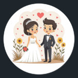Couple Wedding Sticker Runt Klistermärke<br><div class="desc">Cute cartoon illustration of a bride and groom sharing a moment,  perfect for weddings and celebrations. Ideal for decorating laptops,  phones,  and gift boxes.</div>