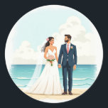 Couples Beach Wedding Sticker Runt Klistermärke<br><div class="desc">Adorable sticker featuring a bride and groom on a beach,  perfect for couples and wedding enthusiasts!</div>