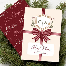 Couples Monogram Bow Rustic Non-Photo Holiday Card Julkort