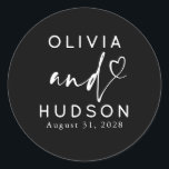 Couple's Names and Heart Modern Black Wedding Runt Klistermärke<br><div class="desc">Black romantic elegant minimalist wedding stickers</div>