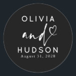Couple's Names and Heart Modern Black Wedding Runt Klistermärke<br><div class="desc">Black romantic elegant minimalist wedding stickers</div>
