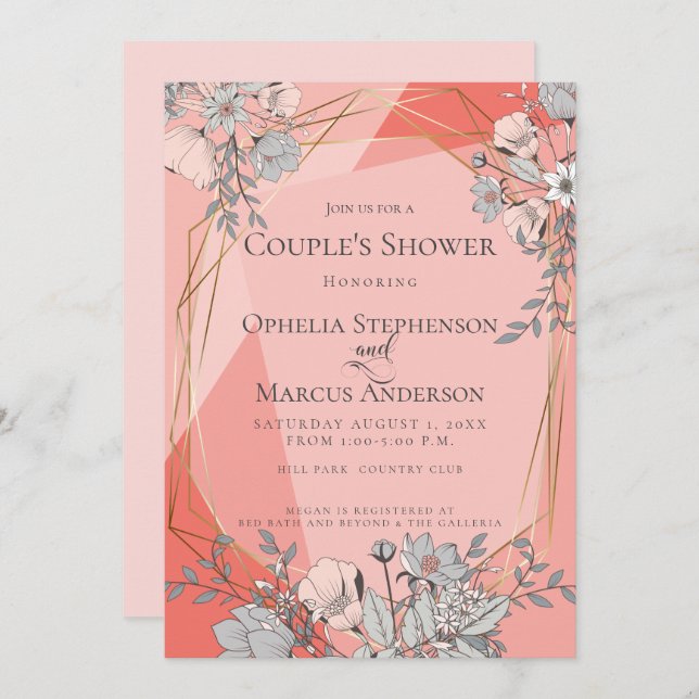 COUPLE's SHOWER Coral Blommigt Geometric Guld Ram Inbjudningar (Fram/baksida)