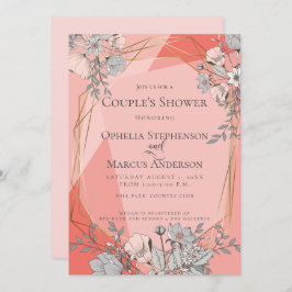 COUPLE's SHOWER Coral Blommigt Geometric Guld Ram Inbjudningar