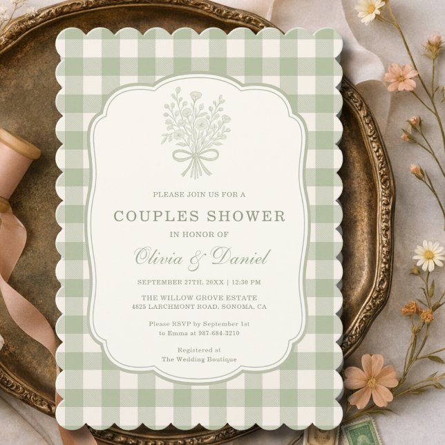Couples Shower Gingham Sage Green Floral Bow  Inbjudningar (Skapare uppladdad)