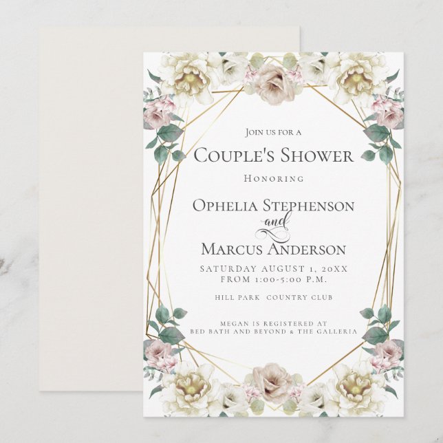 COUPLE'S SHOWER | Romantic Ivory Blommigt Inbjudningar (Fram/baksida)