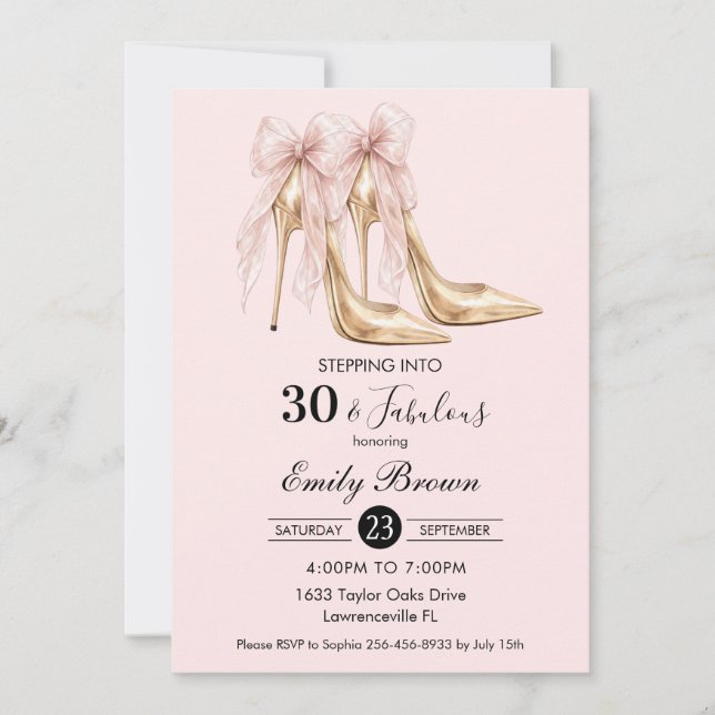 Couquette Blush Bow Mode Högt Klack 30-årsfirande Inbjudningar (Framsida)